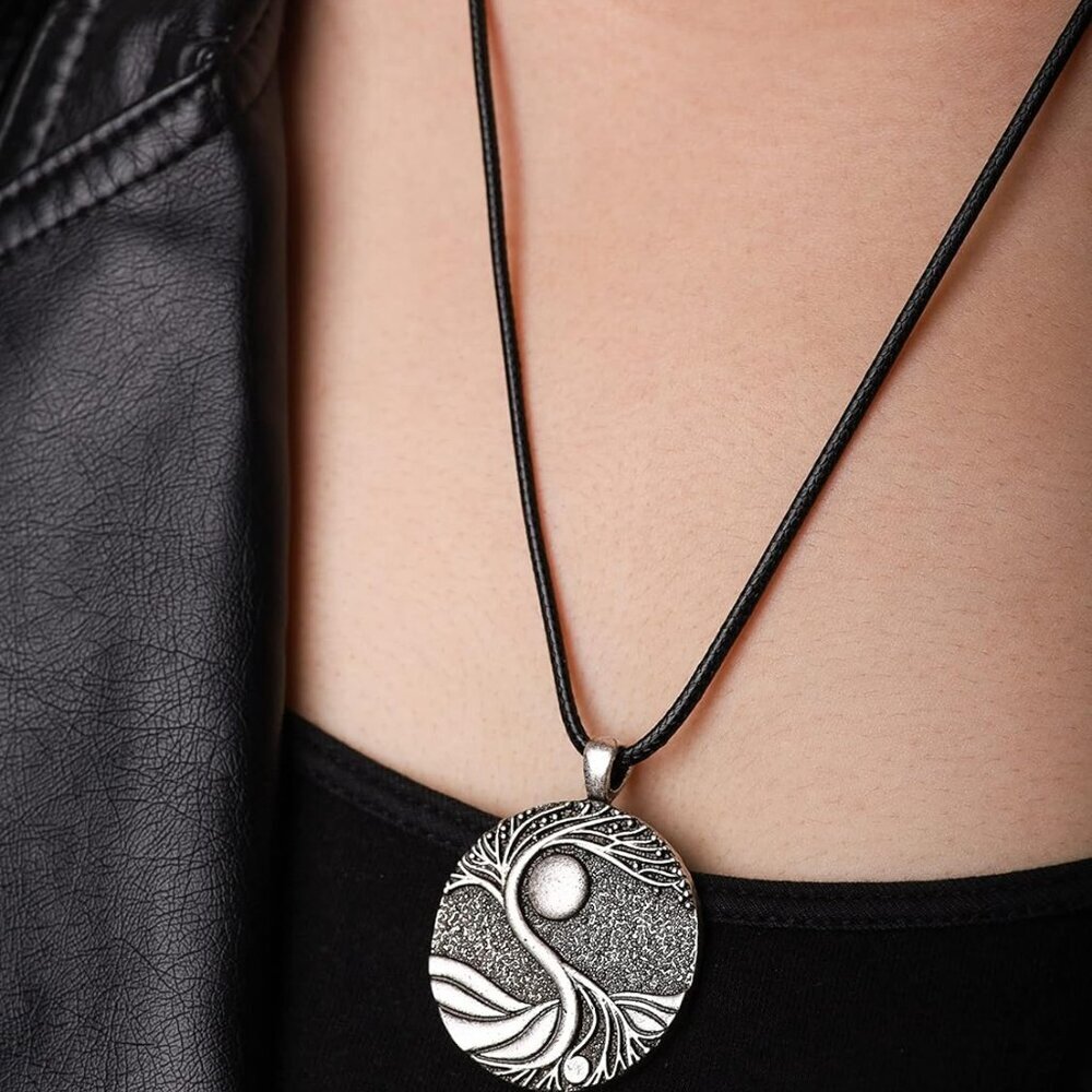 Tree of Life Necklace, Vintage Antique Tree of Life Moon Pendant, Faux Leather C - Picture 5 of 6